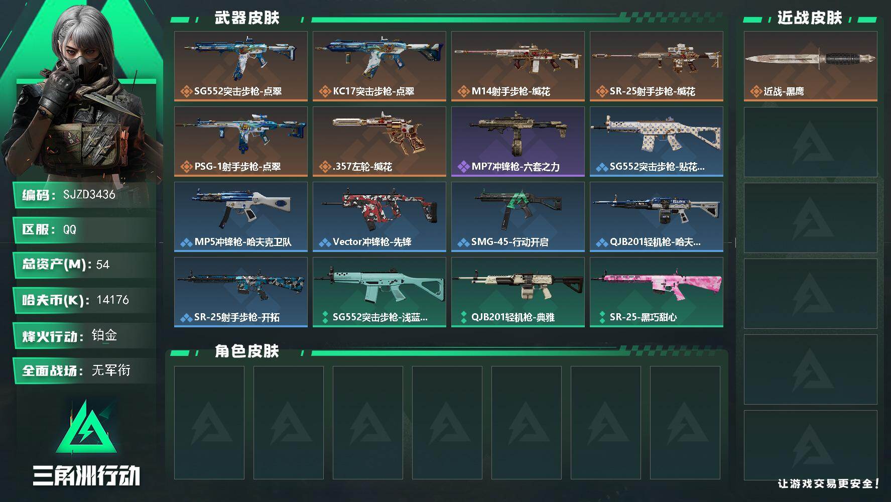 三角洲行动账号QQ【SJZD3436】总资产(M)：54M/哈夫币(K)：14176K/哈夫币(K)：14176K/传说枪皮数：6/全面战场等级：1_段位：无段位/烽火地带等级：57_段位：铂金/近战-黑鹰/SG55