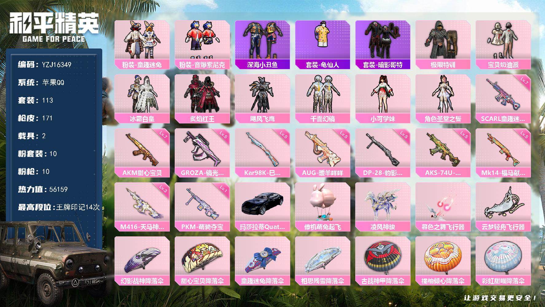 和平精英账号苹果QQYZJ16349-可二次-苹果Q-2载具1僚机10粉装10特效枪7热门【精品身法号 可萌可身法 双字
