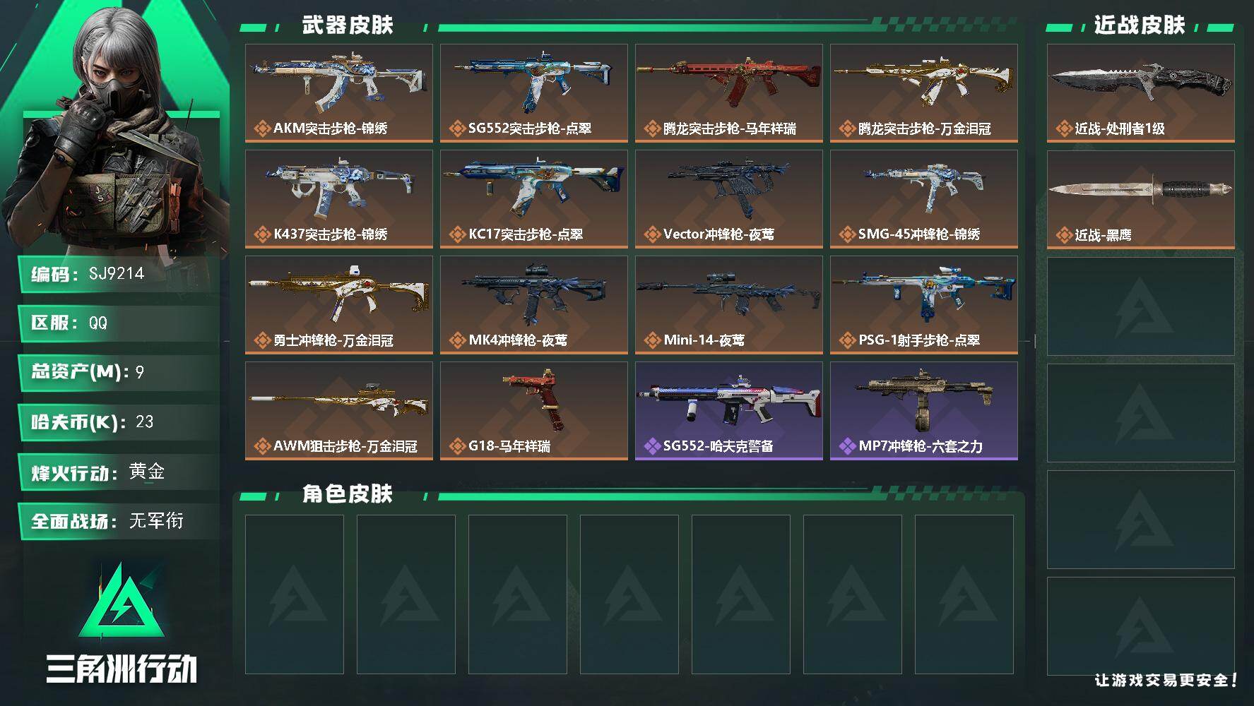 三角洲行动账号QQ【SJ9214】总资产(M)：9M/哈夫币(K)：23K/哈夫币(K)：23K/传说枪皮数：14/全面战场等级：1_段位：无段位/烽火地带等级：60_段位：黄金/近战-处刑者1级/近战-黑鹰/AKM