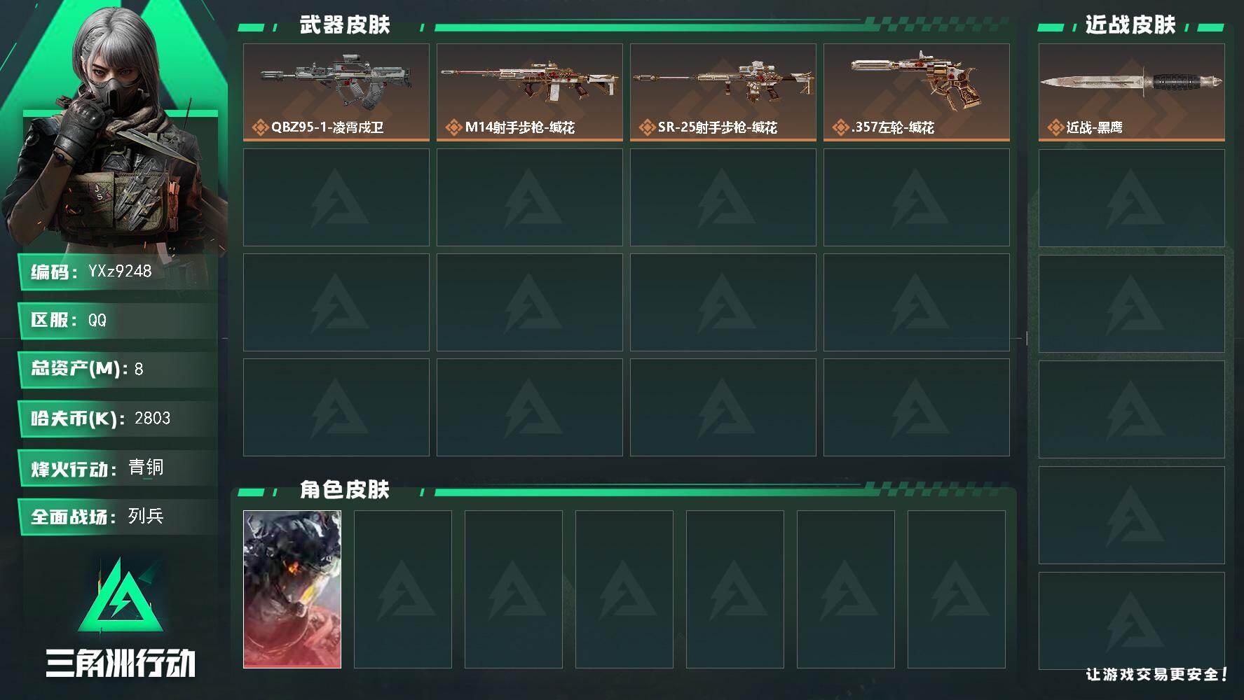 三角洲行动账号QQ【裸凌霄戍卫.8M资产】【Q区三端互通】【【无二协助处理】】YXz9248-特勤处：仓库1级/靶场0