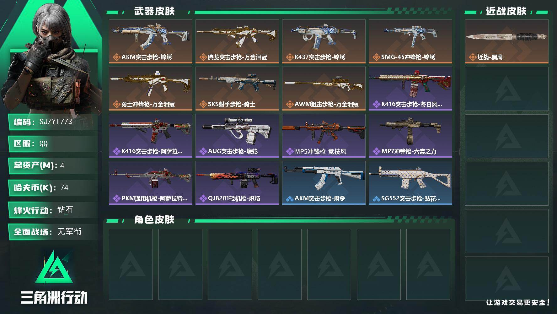 三角洲行动账号QQ【SJZYT773】总资产(M)：4M/哈夫币(K)：74K/哈夫币(K)：74K/传说枪皮数：7/全面战场等级：5_段位：无段位/烽火地带等级：47_段位：钻石/近战-黑鹰/AKM突击步枪-锦绣/
