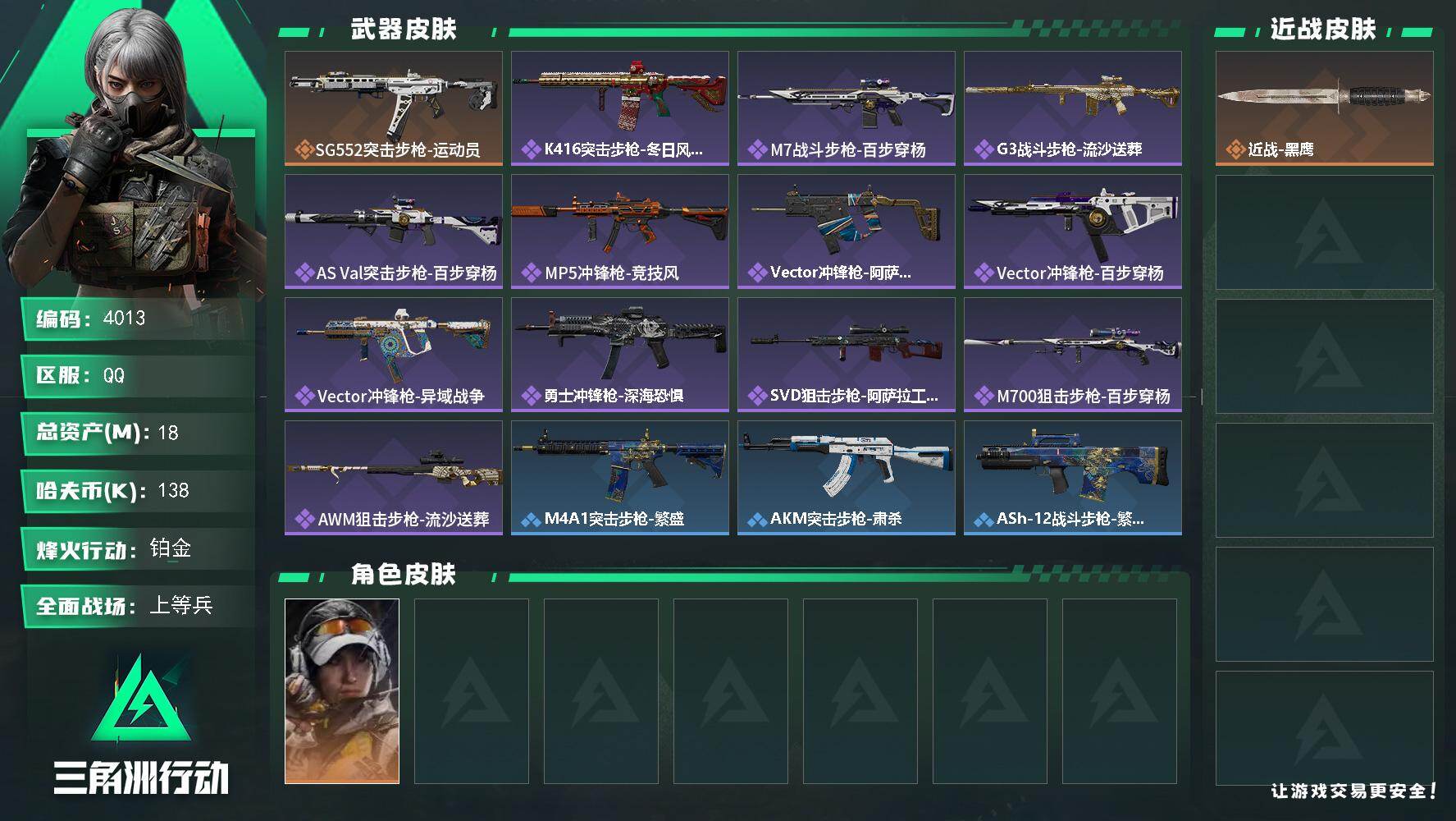 三角洲行动账号QQPX_2554679-18m总资产-138k哈夫币-60烽火等级-铂金-26战场等级-上等兵
【干员外观】：露娜-金牌射手
【近战皮肤】：近战-黑鹰
【传说外观】：SG552突击步枪-运动员