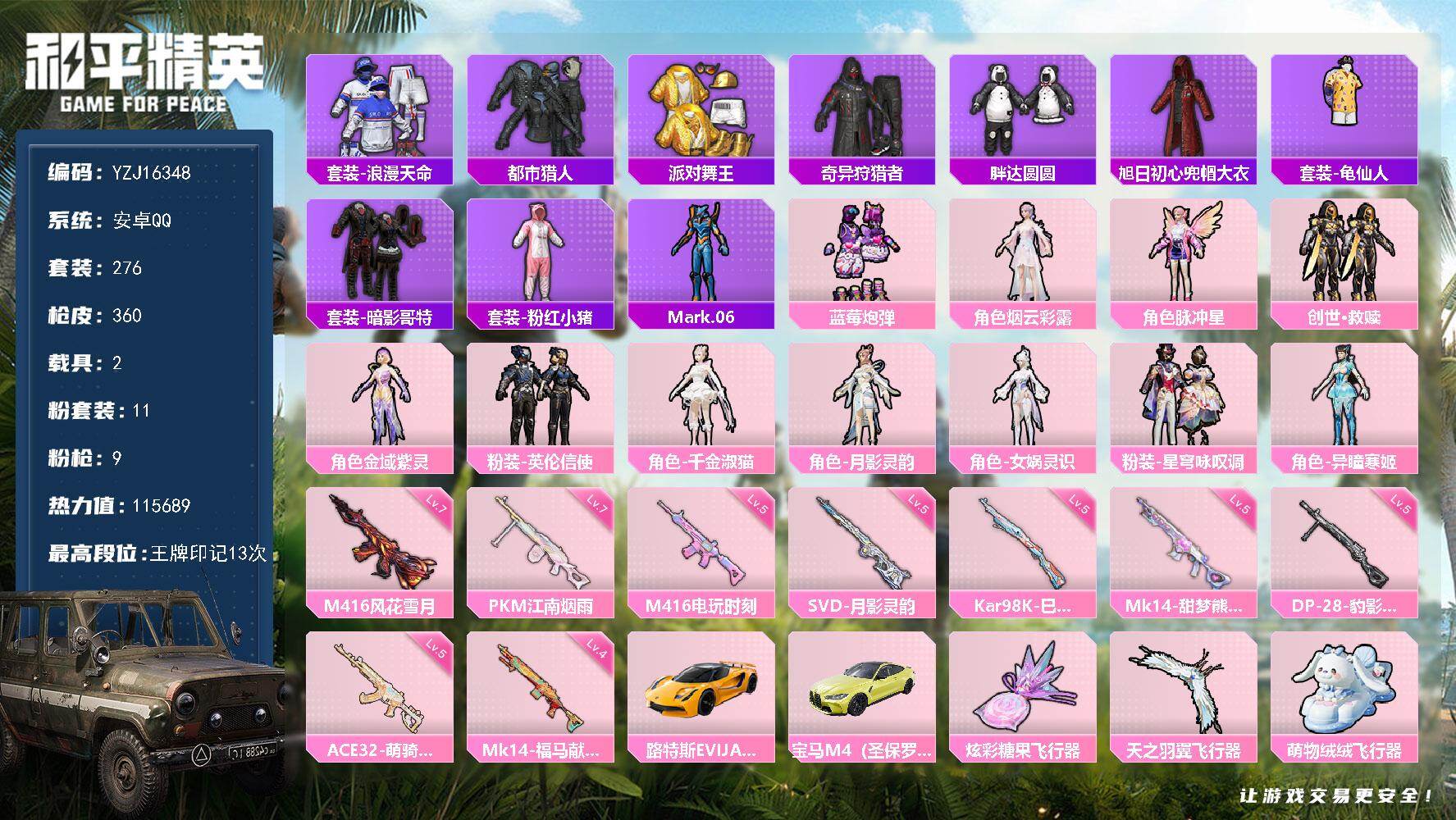 和平精英账号安卓QQYZJ16348-可二次-安卓Q-5稀有2载具11粉装9特效枪26热门【精品身法号 可萌可身法 宝马
