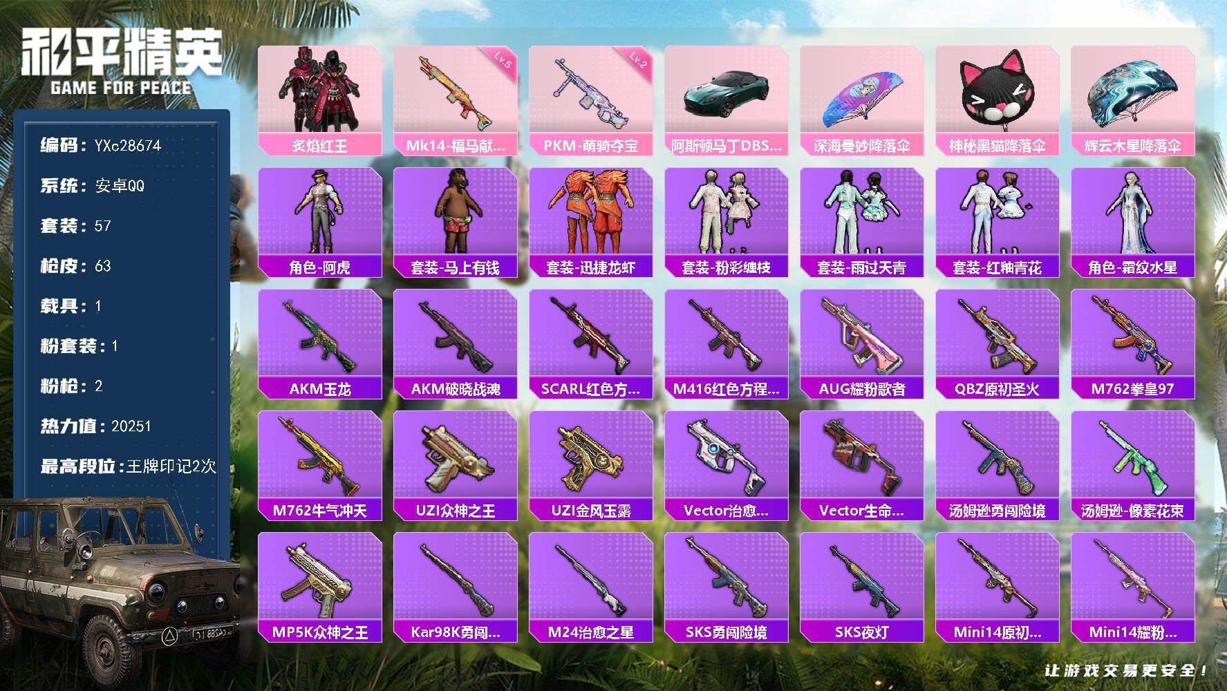 和平精英账号安卓QQ【地铁满天赋】YXc28674-【无二次协助处理】【因赛季更新游戏段付以上号为准!】
 安卓Q-1载