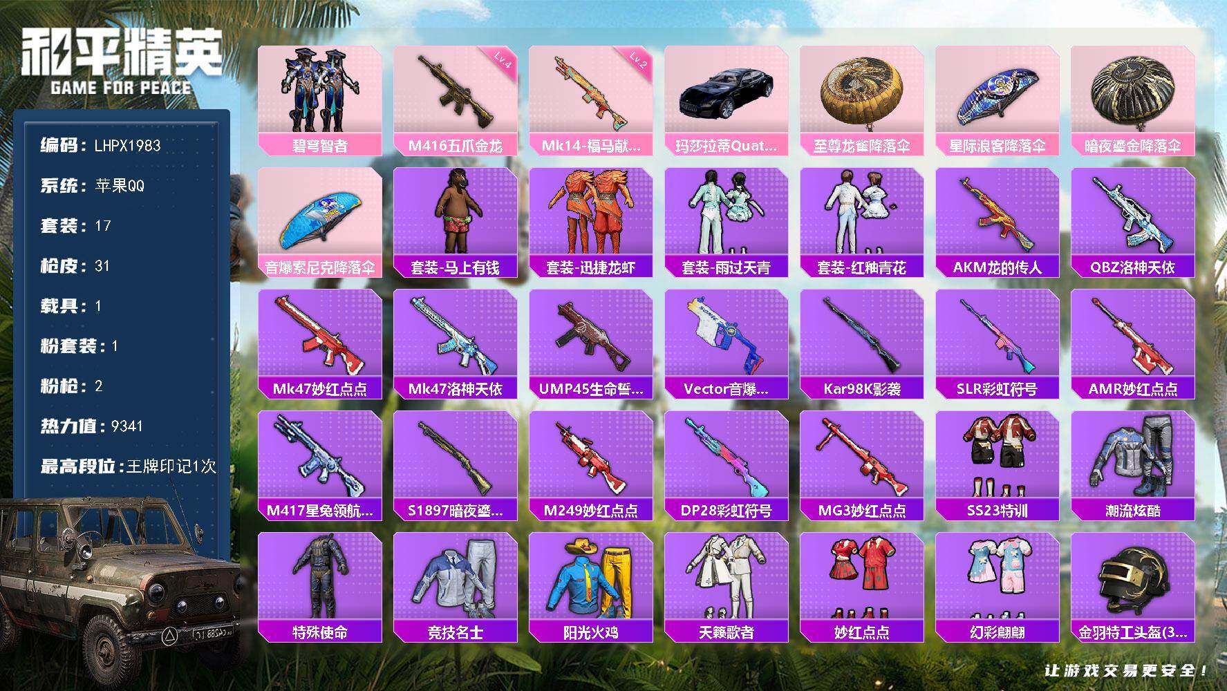 和平精英账号苹果QQ可二次【特价出售/店主推荐】 苹果 手Q-1粉装-2特效枪-1载具-9341热力值-1王牌印记-17套装-31枪皮【粉色套装】：粉装-碧穹智者【粉色枪皮等级】：M416-五爪金龙(四级)，Mk14-
