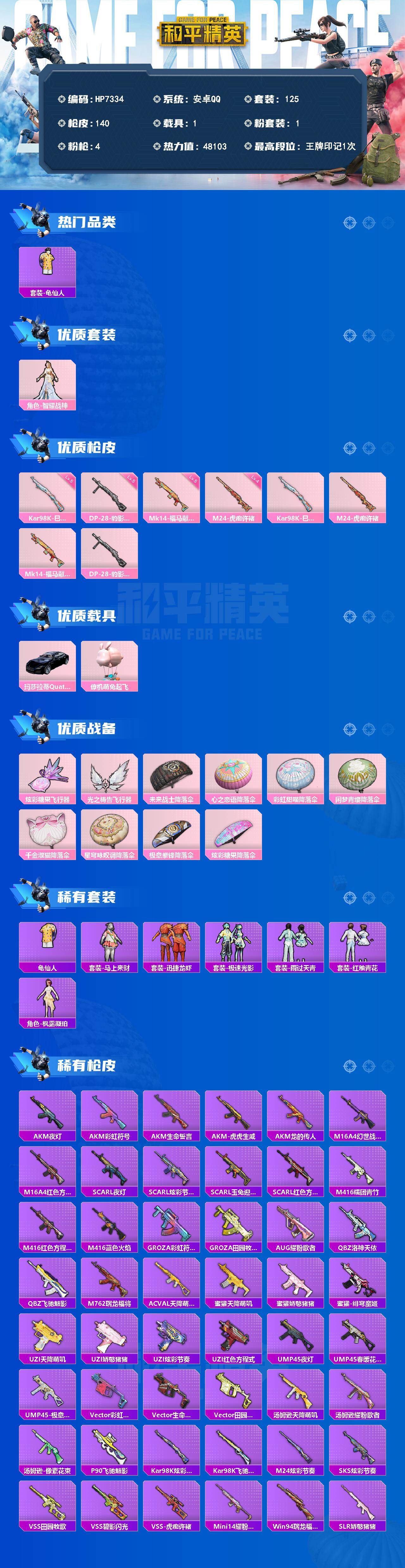 和平精英账号安卓QQ地铁满天赋-龟仙人/角色-智耀战神/98K巳巳如意5级/Mk14福马献瑞5级/DP28豹影疾电5级/M24虎痴许褚4级/玛莎拉蒂Quattroporte(夜幕蓝)没战神框-(1粉装4粉枪1载具)-HP