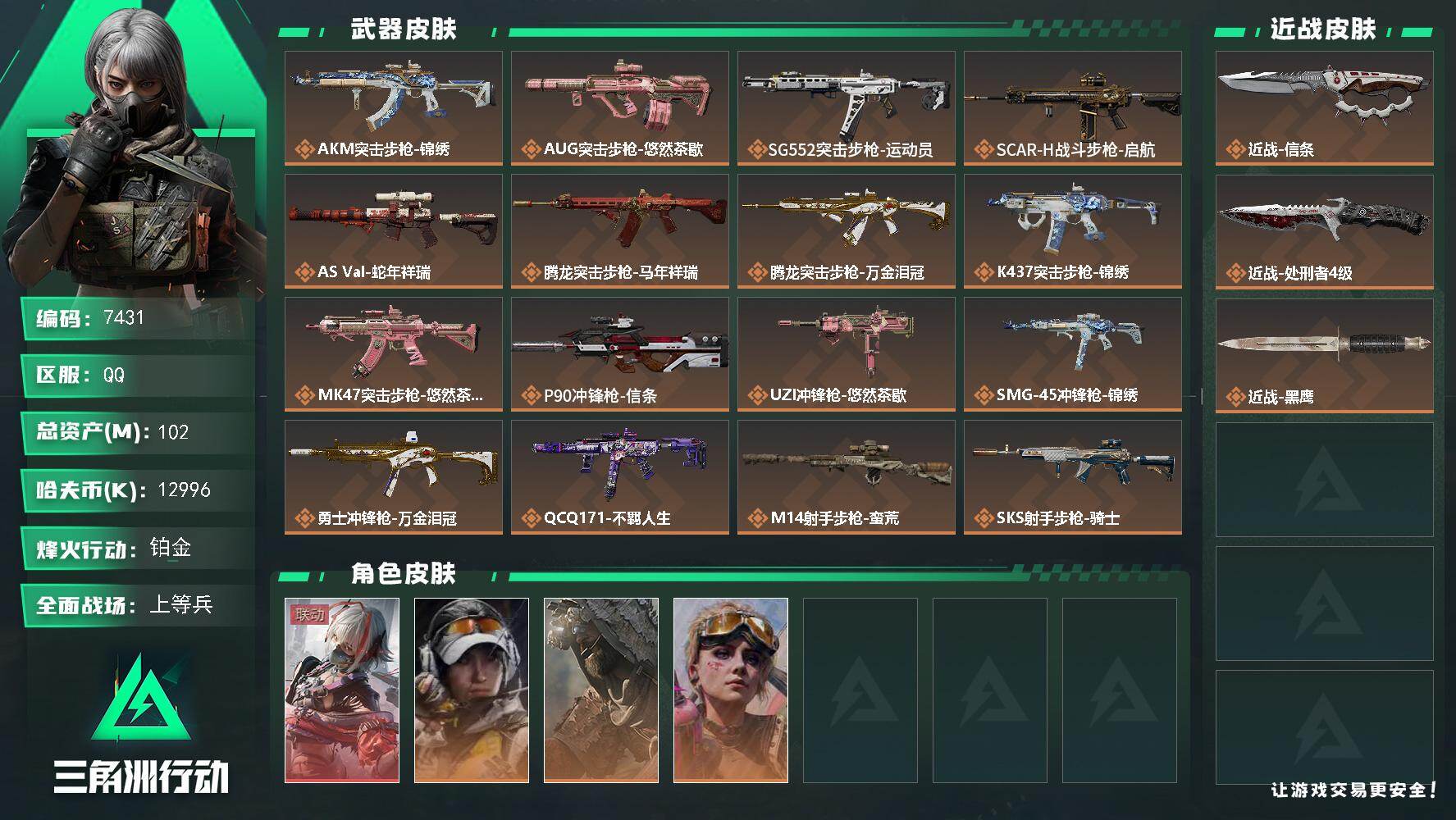 三角洲行动账号QQ总资产(M)：102M/哈夫币(K)：12996K/哈夫币(K)：12996K/传说枪皮数：20/全面战场等级：22_段位：上等兵/烽火地带等级：60_段位：铂金/骇爪-维什戴尔/露娜-金牌射手/乌鲁