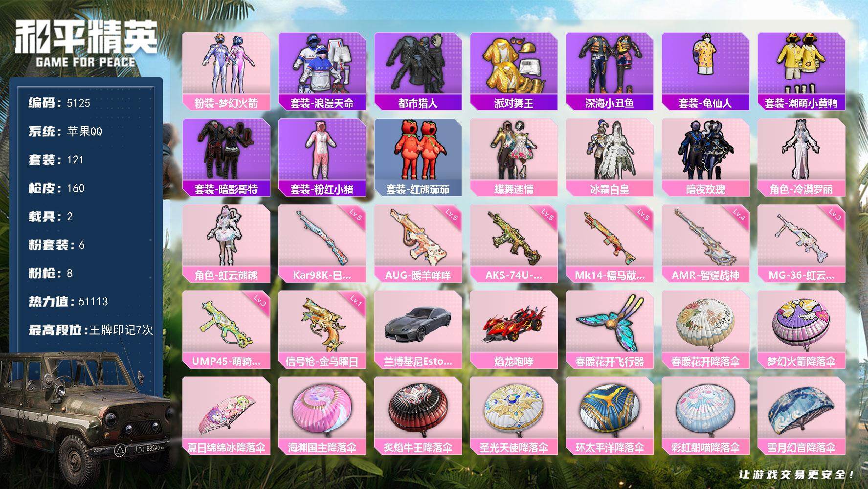 和平精英账号苹果QQ121套装/枪械8/装备183/载具2/战备117/王牌印记7/热力值51113/五级AUG-暖羊咩
