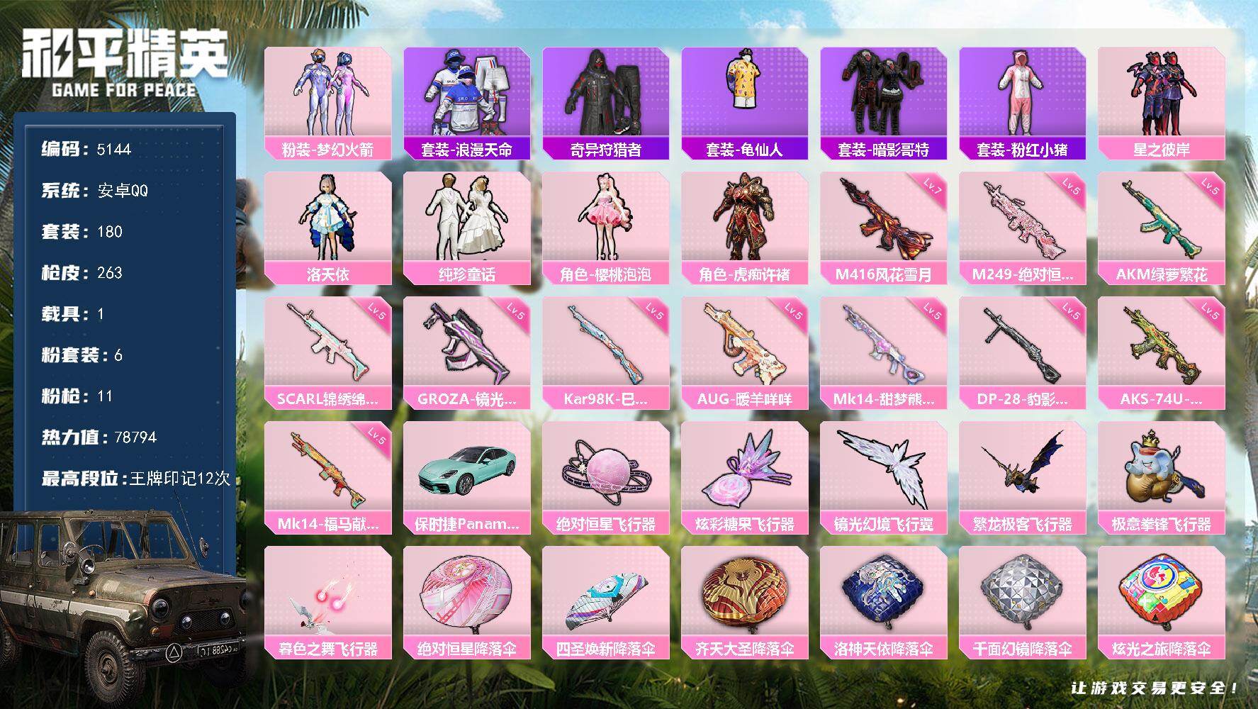 和平精英账号安卓QQ180套装/枪械11/装备307/载具1/战备188/王牌印记12/热力值78794/五级AKM-绿