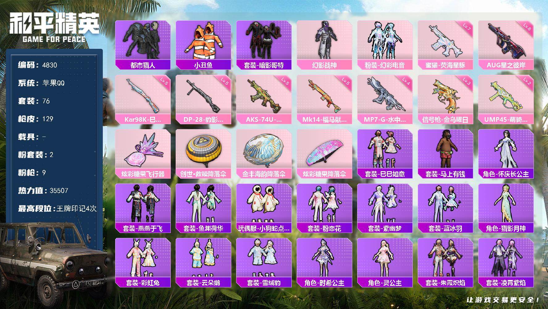 和平精英账号苹果QQ76套装/枪械9/装备168/战备82/王牌印记4/热力值35507/六级AUG-星之彼岸/七级蜜獾
