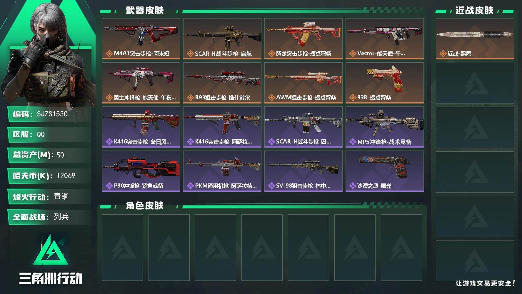 三角洲行动账号QQ【SJZS1530】总资产(M)：50M/哈夫币(K)：12069K/哈夫币(K)：12069K/传说枪皮数：8/全面战场等级：7_段位：列兵/烽火地带等级：39_段位：青铜/近战-黑鹰/M4A1突