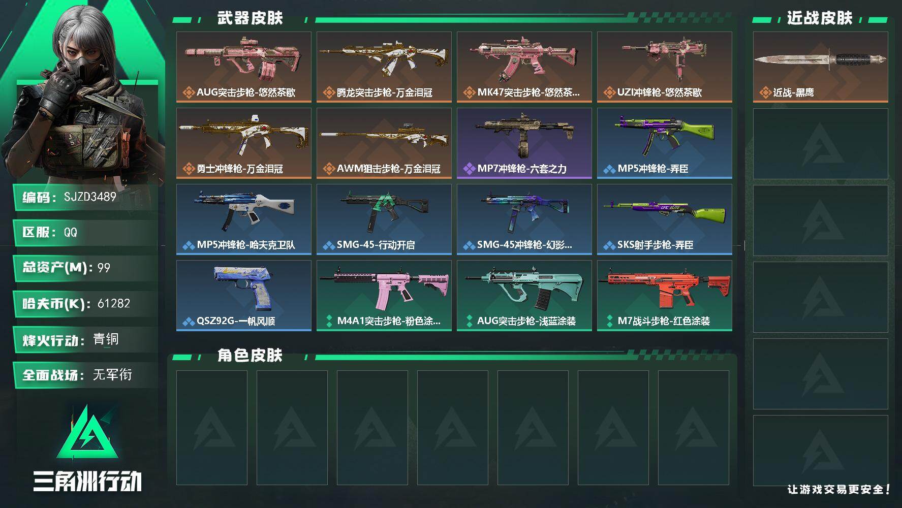 三角洲行动账号QQ【SJZD3489】总资产(M)：99M/哈夫币(K)：61282K/哈夫币(K)：61282K/传说枪皮数：6/全面战场等级：1_段位：无段位/烽火地带等级：46_段位：青铜/近战-黑鹰/AUG突