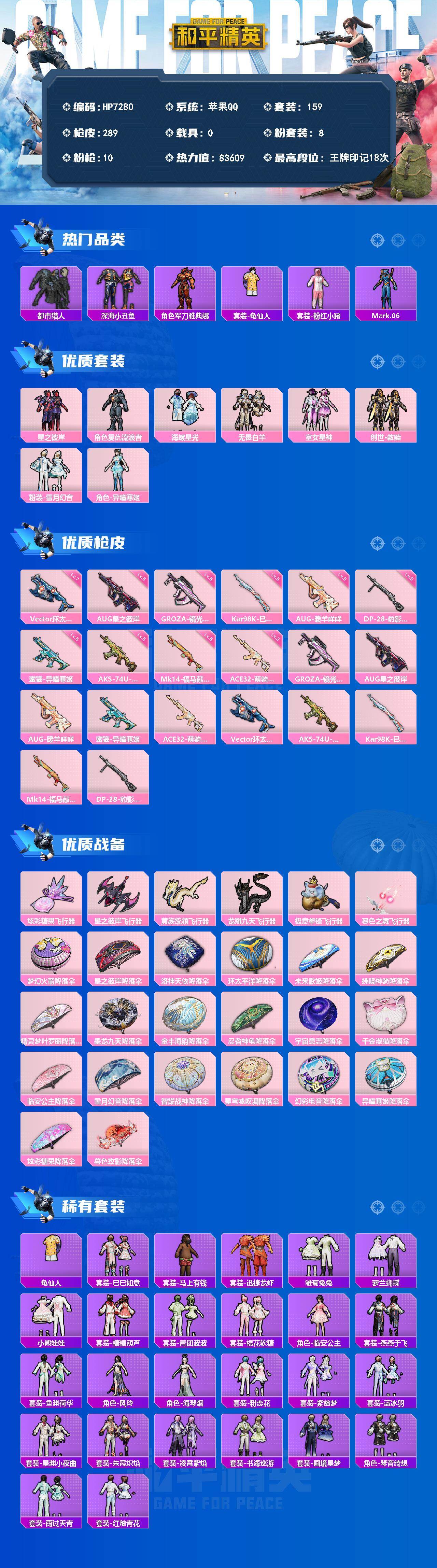 和平精英账号苹果QQ公主号-地铁满天赋-AUG星之彼岸6级/AUG暖羊咩咩5级/蓝螳螂/深海小丑鱼/都市/粉红小猪/秘语