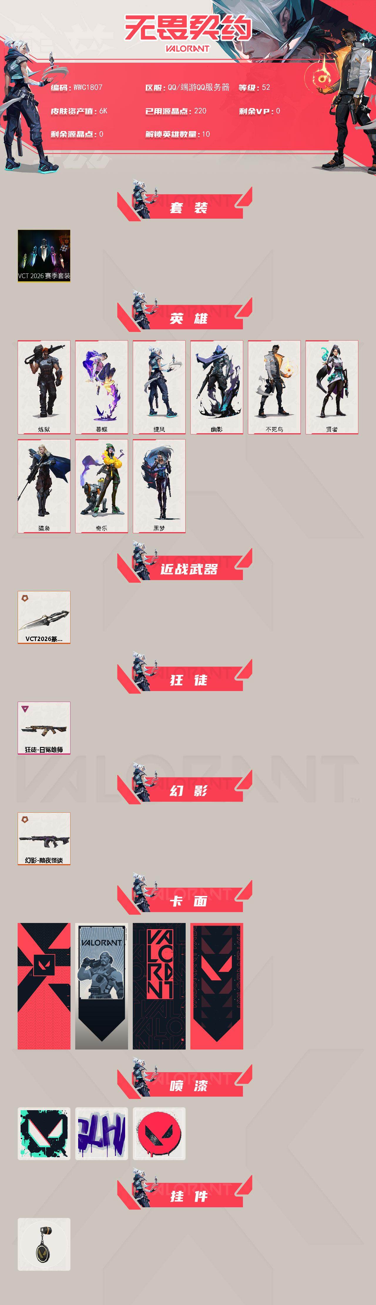 【WWC1807】终极*3/卓越*1/皮肤*15/等级*52/段位:黄金/VCT 2026 赛季套装/炼狱/暮蝶/捷风/幽影/不死鸟/贤者/猎枭/奇乐/黑梦/近战武器-VCT 2026 篆刀/日冕雄