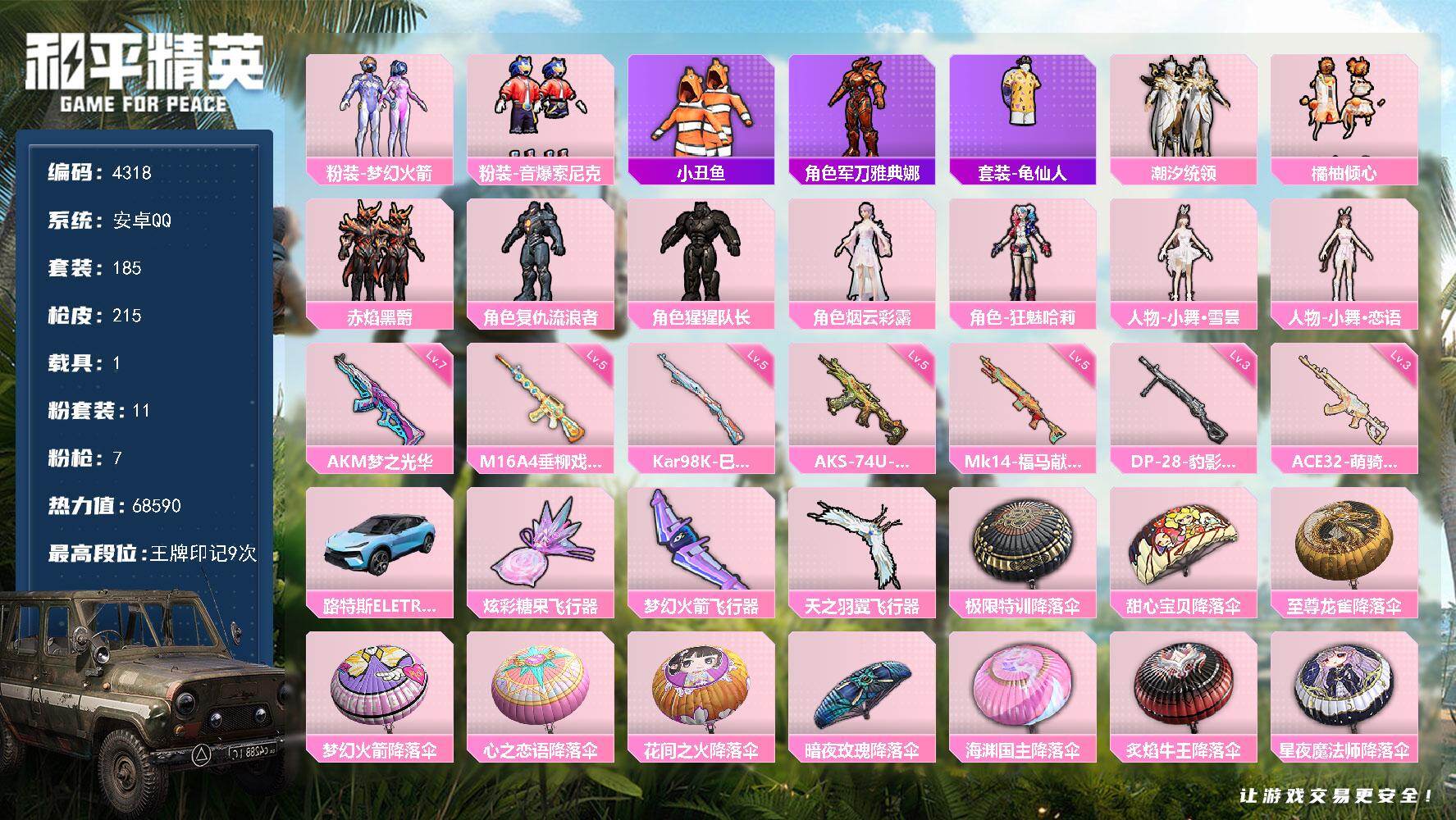 和平精英账号安卓QQ185套装/枪械7/装备265/载具1/战备139/王牌印记9/热力值68590/七级AKM-梦之光