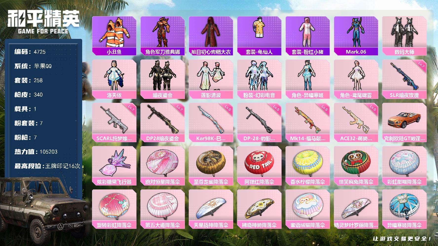 和平精英账号苹果QQ258套装/枪械7/装备452/载具1/战备258/王牌印记16/热力值/七级SCAR-L-纯梦嫁纱
