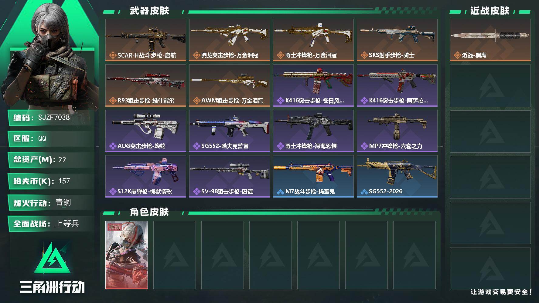 三角洲行动账号QQ【SJZF7038】总资产(M)：22M/哈夫币(K)：157K/哈夫币(K)：157K/传说枪皮数：6/全面战场等级：23_段位：上等兵/烽火地带等级：46_段位：青铜/骇爪-维什戴尔/近战-黑鹰