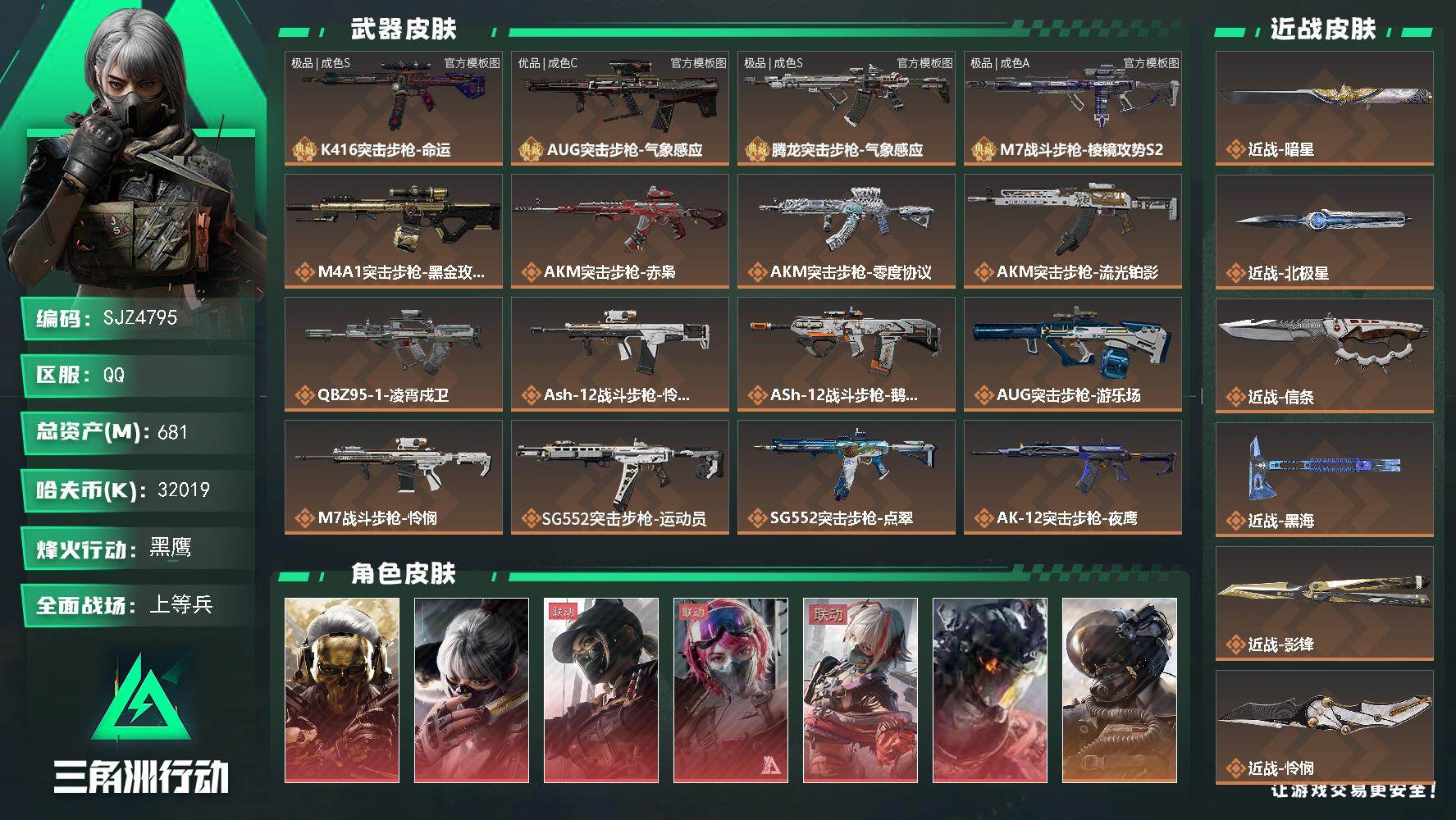 三角洲行动账号QQ【SJZ4795】总资产(M)：681M/哈夫币(K)：32019K/哈夫币(K)：32019K/传