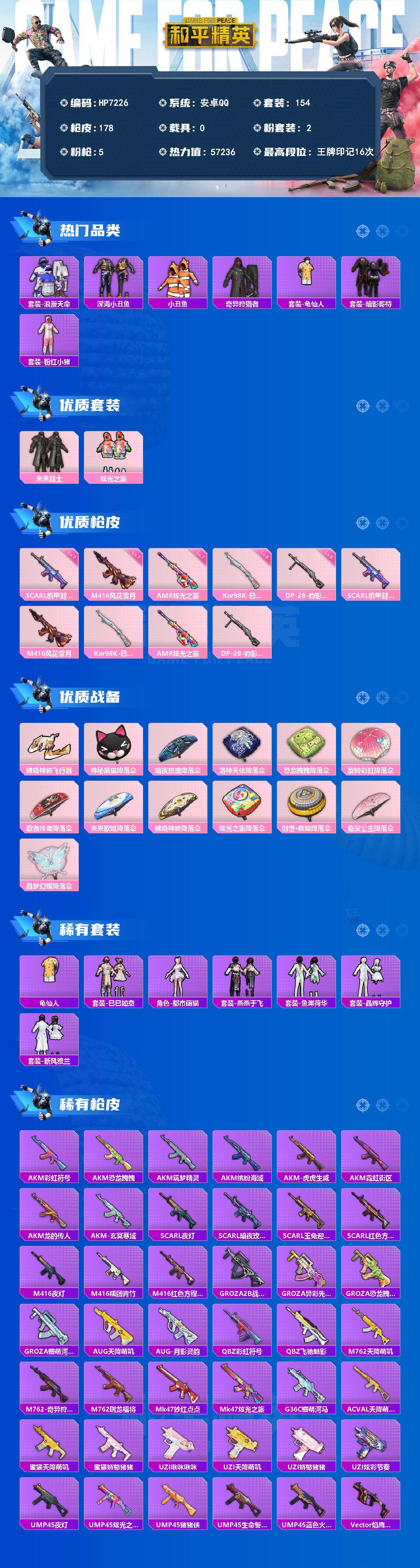 和平精英账号安卓QQ地铁马上满天赋-M416风花雪月7级/深海小丑鱼/小丑鱼/奇异狩猎者/暗夜魅影/粉红小猪/浪漫天命/老六服/红眼罩/龟仙人/迅捷狂鲨/晶辉守护/狂沙舞者/狂战萌兔/激萌罗小黑/都市丽猫/未来战士/炫光