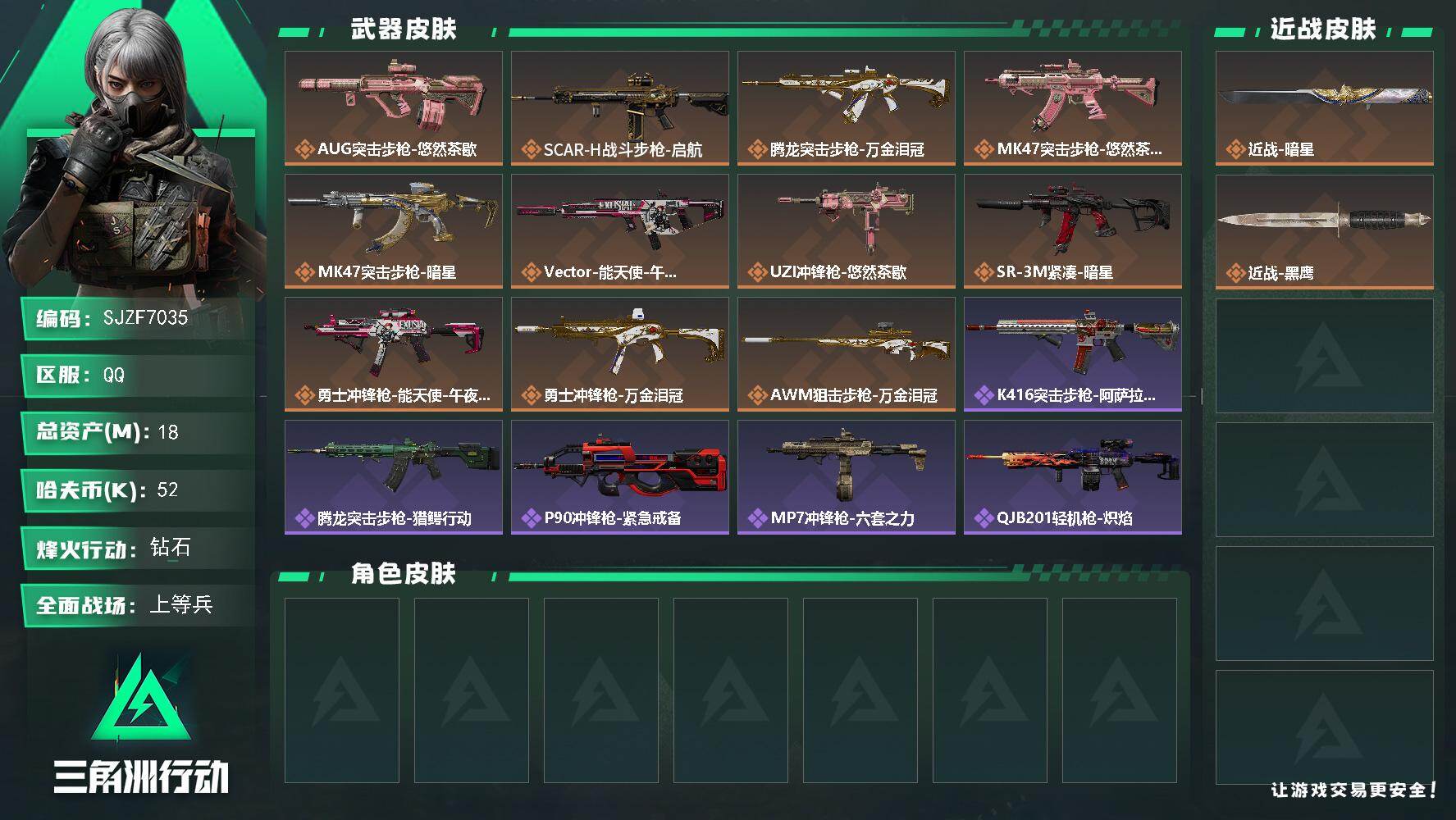 三角洲行动账号QQ【SJZF7035】总资产(M)：18M/哈夫币(K)：52K/哈夫币(K)：52K/传说枪皮数：1