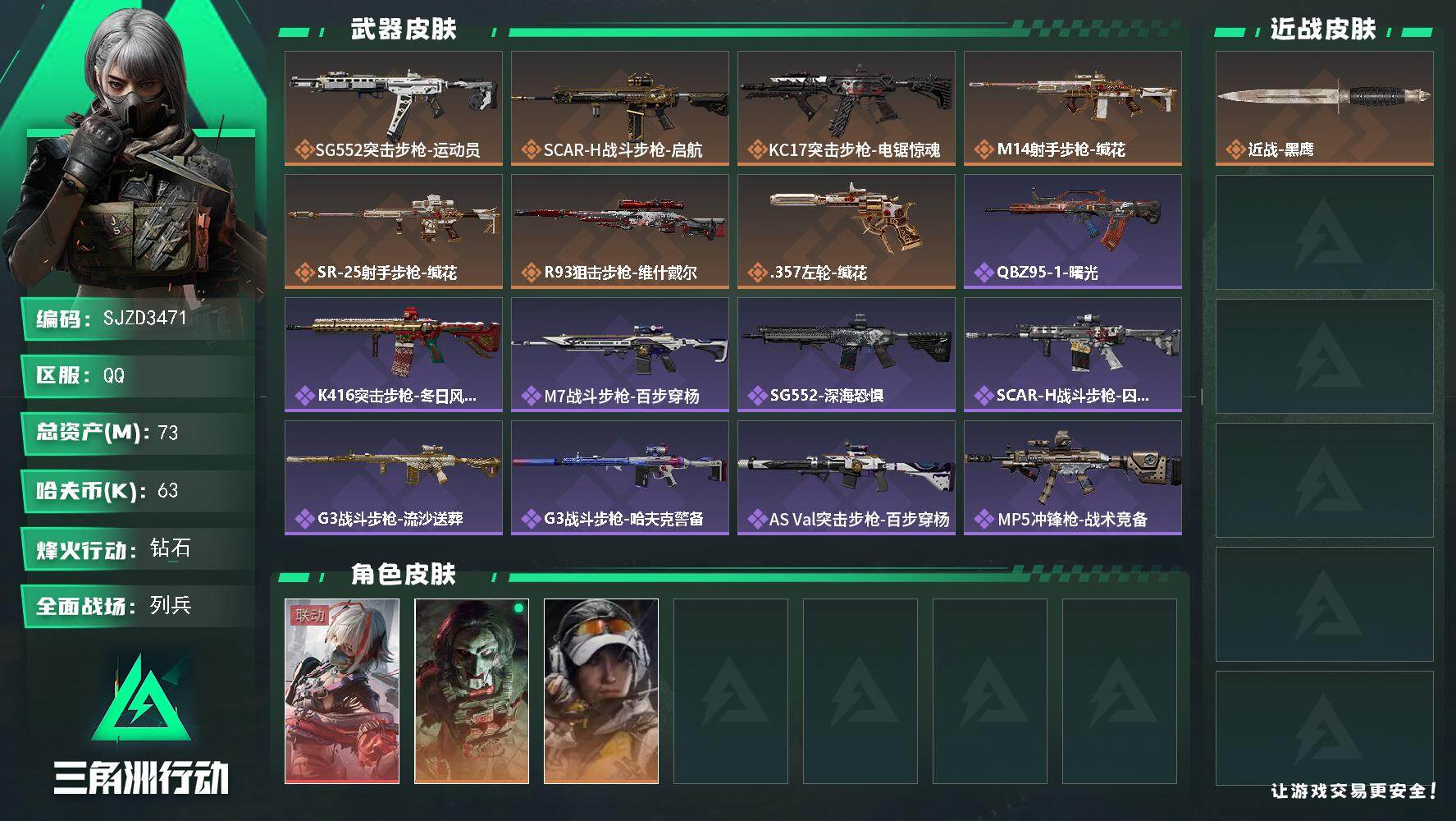 三角洲行动账号QQ【SJZD3471】总资产(M)：73M/哈夫币(K)：63K/哈夫币(K)：63K/传说枪皮数：7