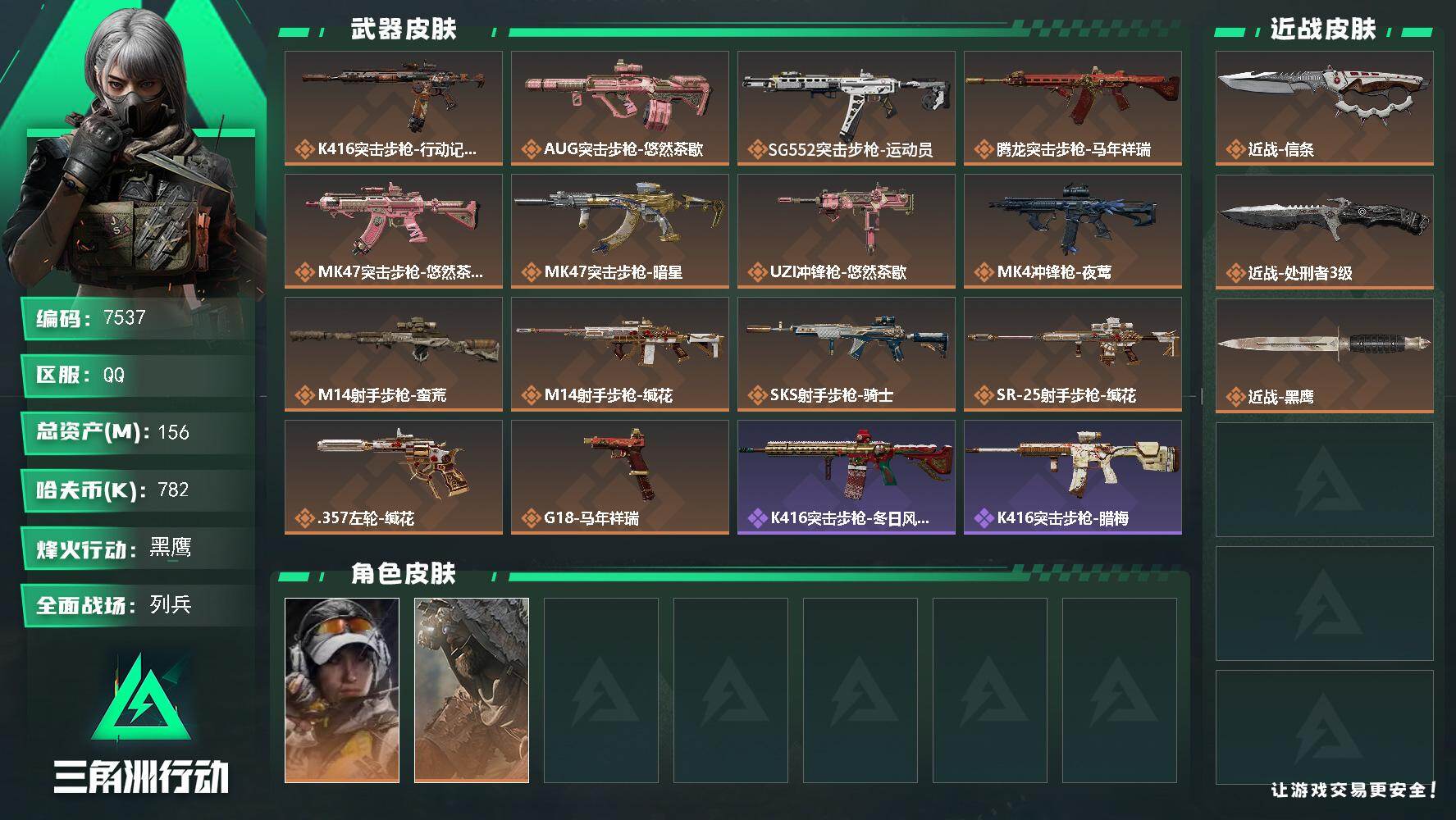 三角洲行动账号QQ总资产(M)：156M/哈夫币(K)：782K/哈夫币(K)：782K/传说枪皮数：14/全面战场等级：18_段位：列兵/烽火地带等级：60_段位：黑鹰/露娜-金牌射手/乌鲁鲁-荒原猎手/近战-信条/