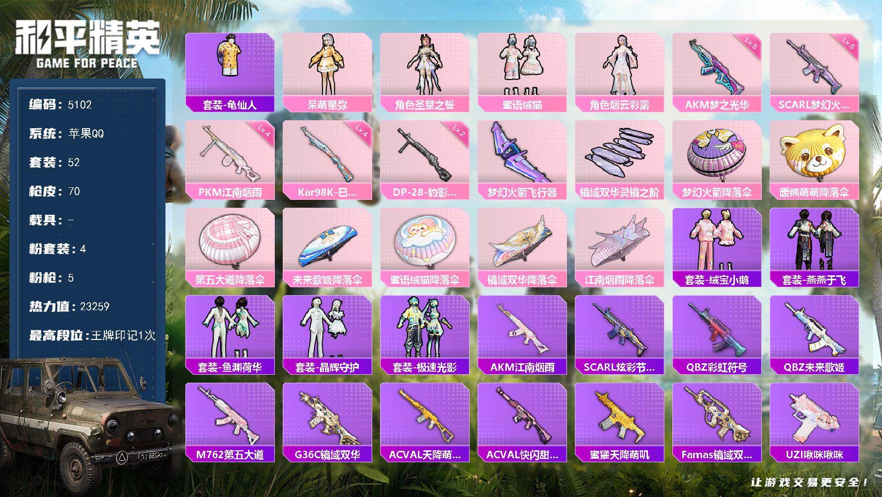 和平精英账号苹果QQ52套装/枪械5/装备94/战备52/王牌印记1/热力值23259/五级AKM-梦之光华/五级SCA