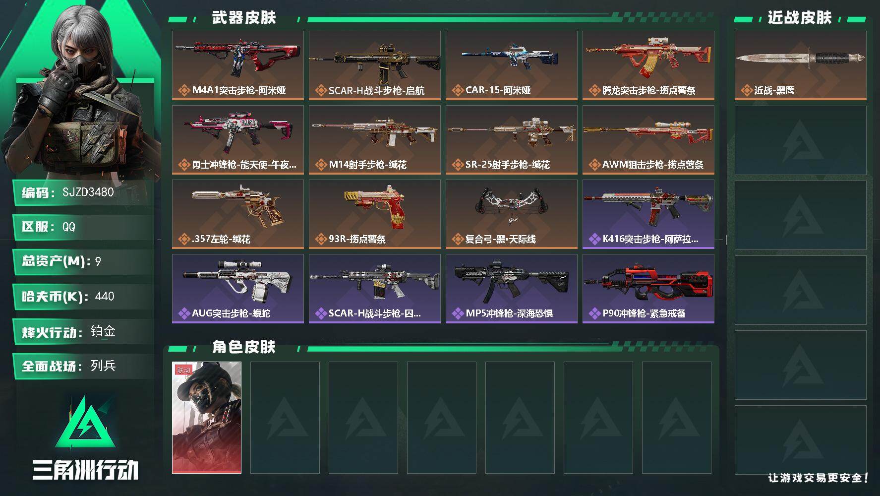 三角洲行动账号QQ【SJZD3480】总资产(M)：9M/哈夫币(K)：440K/哈夫币(K)：440K/传说枪皮数：11/全面战场等级：18_段位：列兵/烽火地带等级：60_段位：铂金/露娜-黑·天际线/近战-黑鹰
