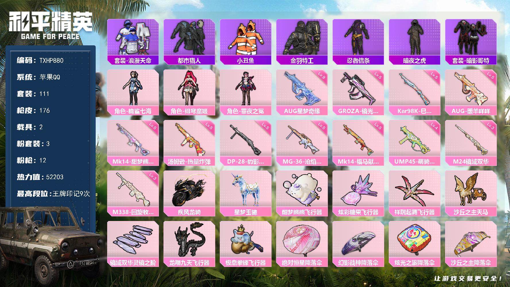 和平精英账号苹果QQ【TP880】苹果 手Q-3粉装-12特效枪-2载具-7粉色飞行器-52203热力值-9王牌印记-1