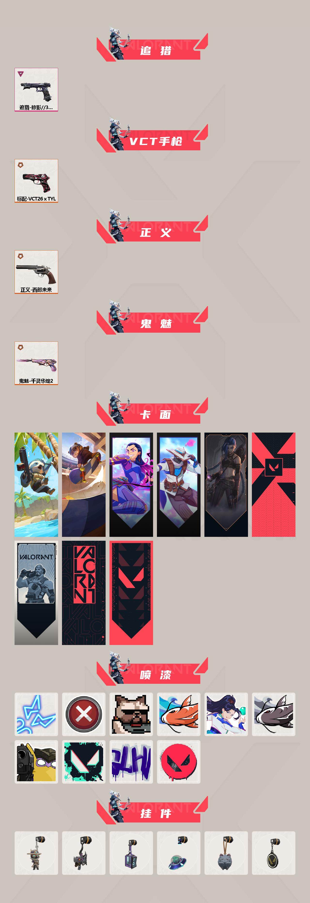 【套装】:VCT 2026 赛季套装,无畏契约季前邀请赛套装,回火礼包// V25套装,千灵华绽//2.0套装,回火礼包:掠影套装,掠影//3.0套装
【英雄】:幻棱,炼狱,维斯,暮蝶,壹决,捷风,