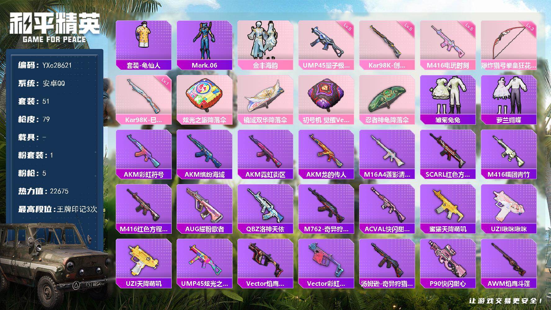 和平精英账号安卓QQYXc28621-【无二次协助处理】【因赛季更新游戏段付以上号为准!】
 安卓Q-1稀有1粉装5特效