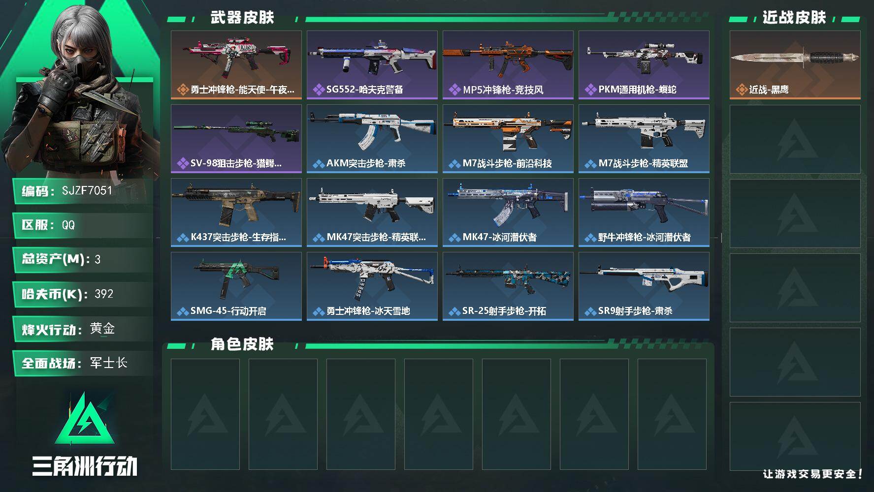 三角洲行动账号QQ【SJZF7051】总资产(M)：3M/哈夫币(K)：392K/哈夫币(K)：392K/传说枪皮数：1/全面战场等级：30_段位：军士长/烽火地带等级：37_段位：黄金/近战-黑鹰/勇士冲锋枪-能天