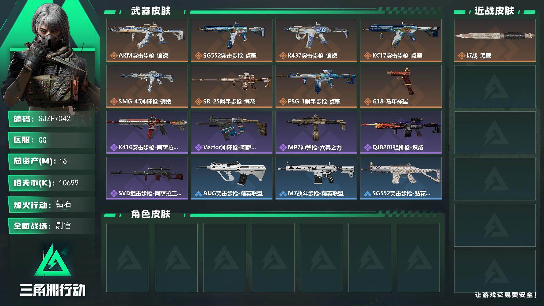三角洲行动账号QQ【SJZF7042】总资产(M)：16M/哈夫币(K)：10699K/哈夫币(K)：10699K/传说枪皮数：8/全面战场等级：33_段位：尉官/烽火地带等级：42_段位：钻石/近战-黑鹰/AKM突