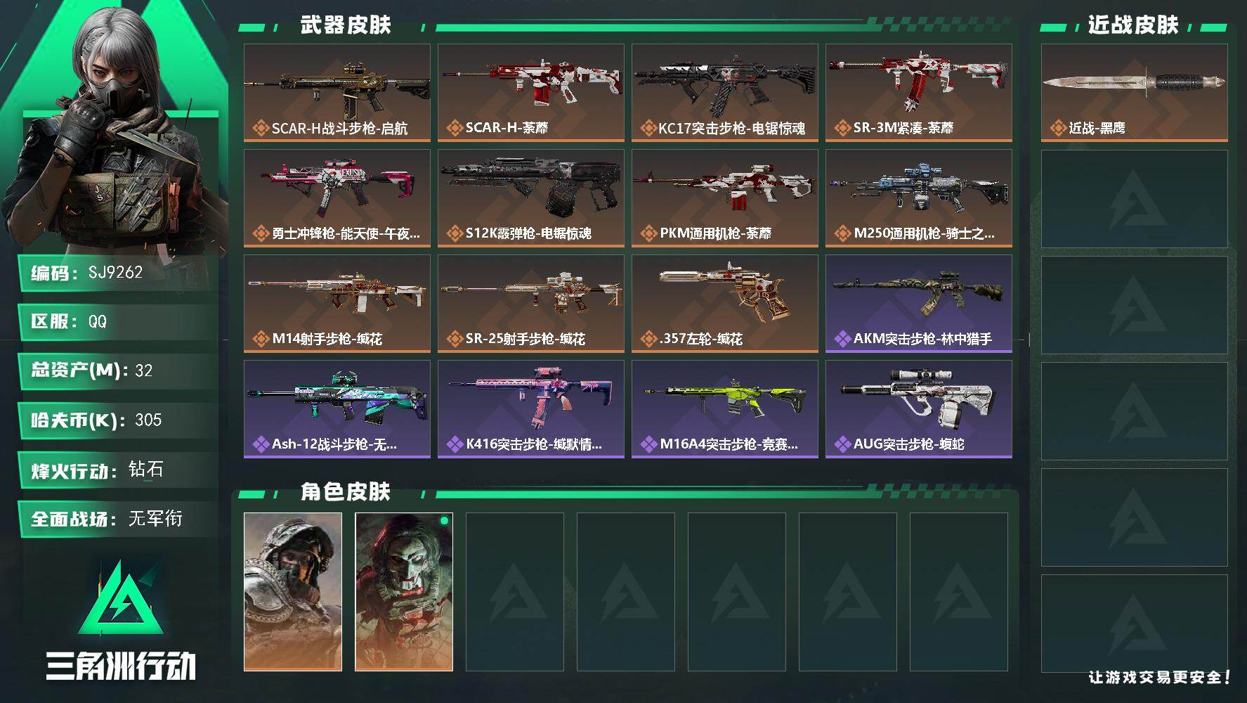 三角洲行动账号QQ【SJ9262】总资产(M)：32M/哈夫币(K)：305K/哈夫币(K)：305K/传说枪皮数：11/全面战场等级：1_段位：无段位/烽火地带等级：60_段位：钻石/深蓝-不破誓约/红狼-电锯惊魂