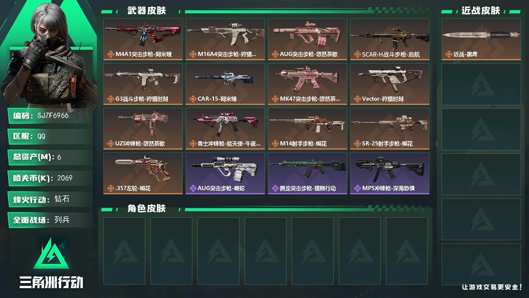 三角洲行动账号QQ【SJZF6966】总资产(M)：6M/哈夫币(K)：2069K/哈夫币(K)：2069K/传说枪皮数：13/全面战场等级：7_段位：列兵/烽火地带等级：52_段位：钻石/近战-黑鹰/M4A1突击步