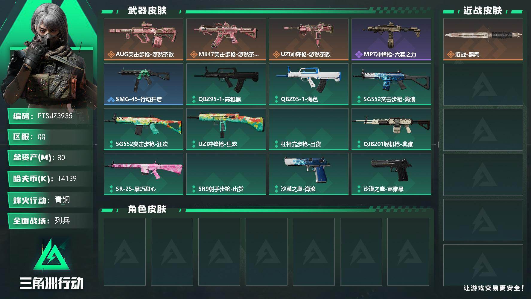 三角洲行动账号QQ【PTSJZ3935】总资产(M)：80M/哈夫币(K)：14139K/哈夫币(K)：14139K/