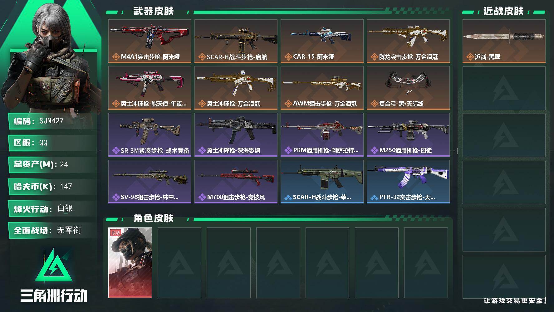三角洲行动账号QQ【SJN427】总资产(M)：24M/哈夫币(K)：147K/哈夫币(K)：147K/传说枪皮数：8