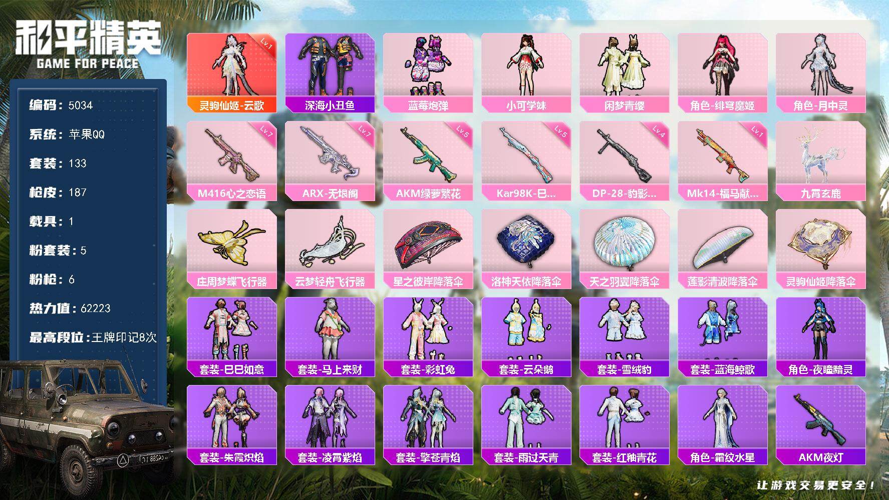 和平精英账号苹果QQ133套装/枪械6/装备271/载具1/战备125/王牌印记8/热力值62223/五级AKM-绿萝繁