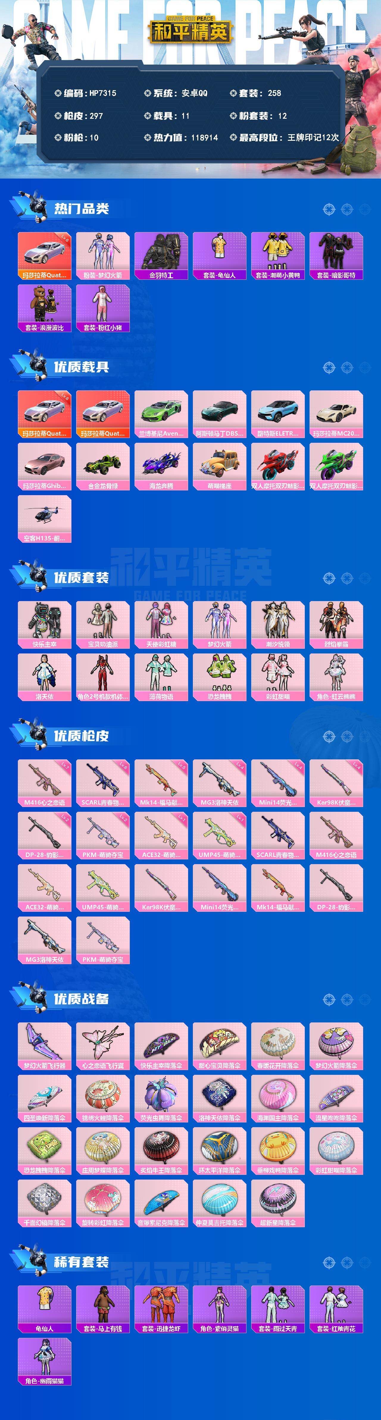 和平精英账号安卓QQ素材号-玛莎拉蒂粉6级/红螳螂/彩虹甜喵/M4心之恋语7级/明日香款战斗服/零款战斗服/暗夜魅影/粉