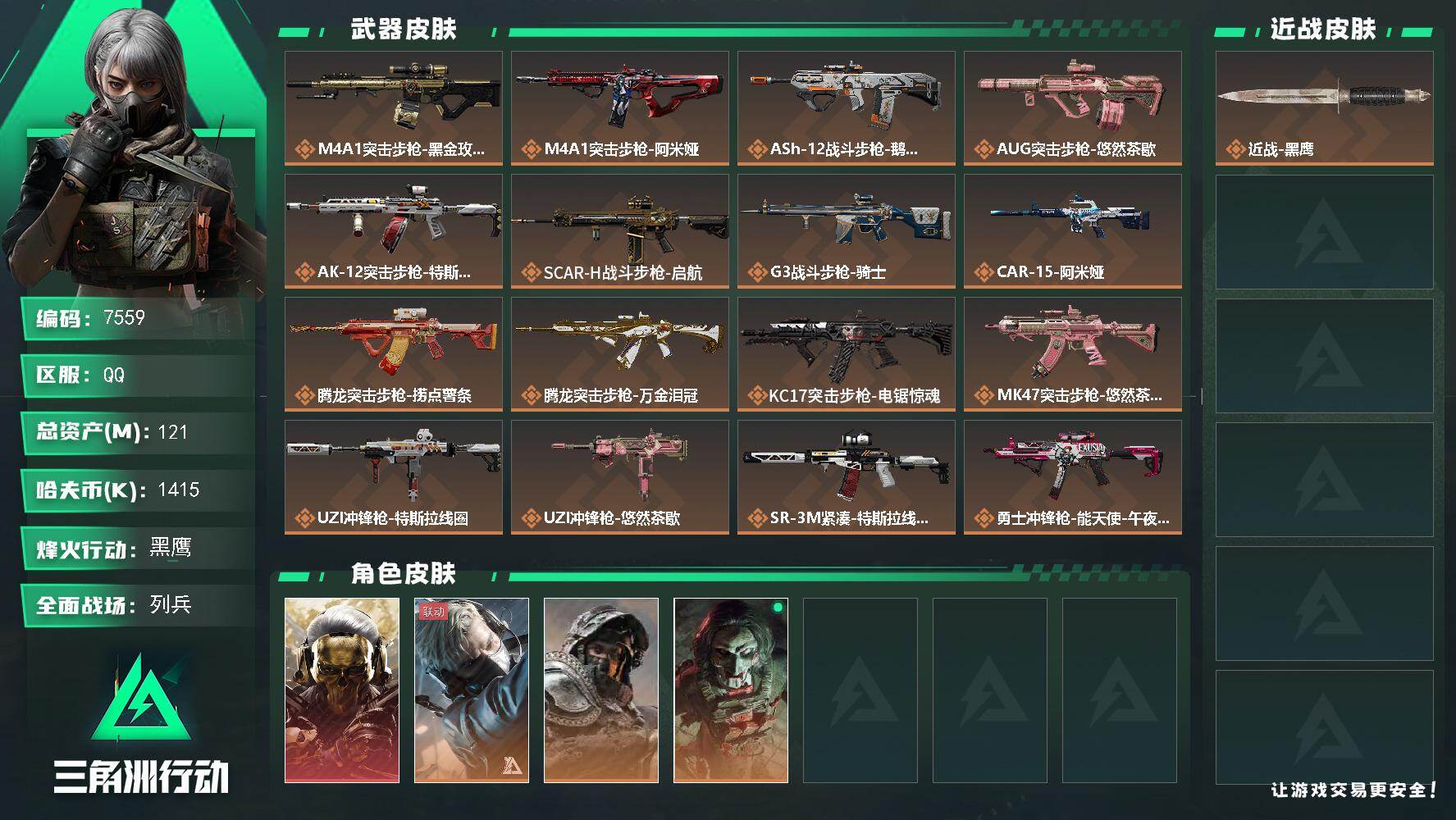 三角洲行动账号QQ总资产(M)：121M/哈夫币(K)：1415K/哈夫币(K)：1415K/传说枪皮数：26/全面战场等级：25_段位：列兵/烽火地带等级：60_段位：黑鹰/红狼-蚀金玫瑰/蜂医-送葬人·无题密令/深