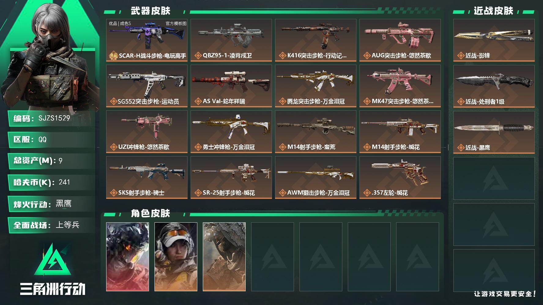 三角洲行动账号QQ【SJZS1529】总资产(M)：9M/哈夫币(K)：241K/哈夫币(K)：241K/传说枪皮数：16/全面战场等级：21_段位：上等兵/烽火地带等级：60_段位：黑鹰/威龙-凌霄戍卫/露娜-金牌