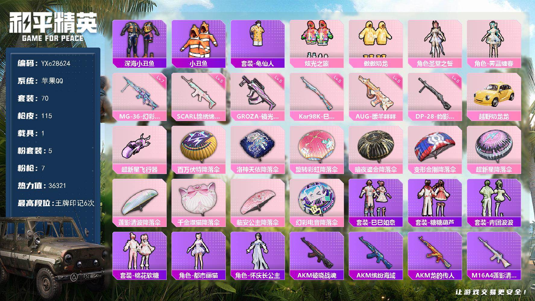 和平精英账号苹果QQ【小丑鱼 双马尾 满地铁天赋】YXc28624-【可二次】【因赛季更新游戏段付以上号为准!】
 苹果