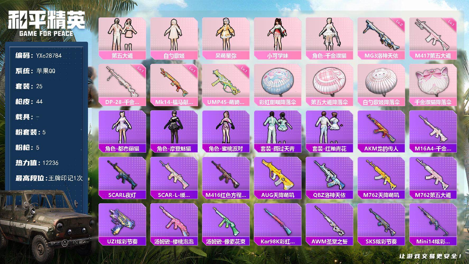 和平精英账号苹果QQYXc28784-【可二次】【因赛季更新游戏段付以上号为准!】
 苹果Q-5粉装5特效枪1热门25套