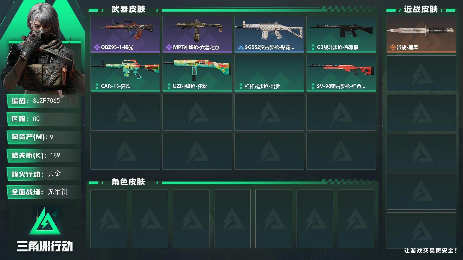 三角洲行动账号QQ【SJZF7065】总资产(M)：9M/哈夫币(K)：189K/哈夫币(K)：189K/全面战场等级：1_段位：无段位/烽火地带等级：33_段位：黄金/近战-黑鹰/QBZ95-1突击步枪-曙光/MP