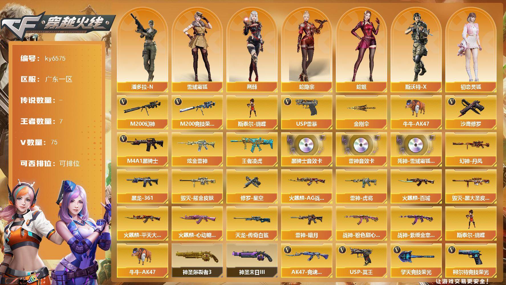穿越火线账号南部战区[18133144]【ky6575】广东一区-79V-7王者武器数-1炫金武器数
【热门武器】：M200-幻神，M200-竞技荣光，牛牛-AK47，M4A1-黑骑士，斯泰尔-蝴蝶，USP-雷暴*2，沙