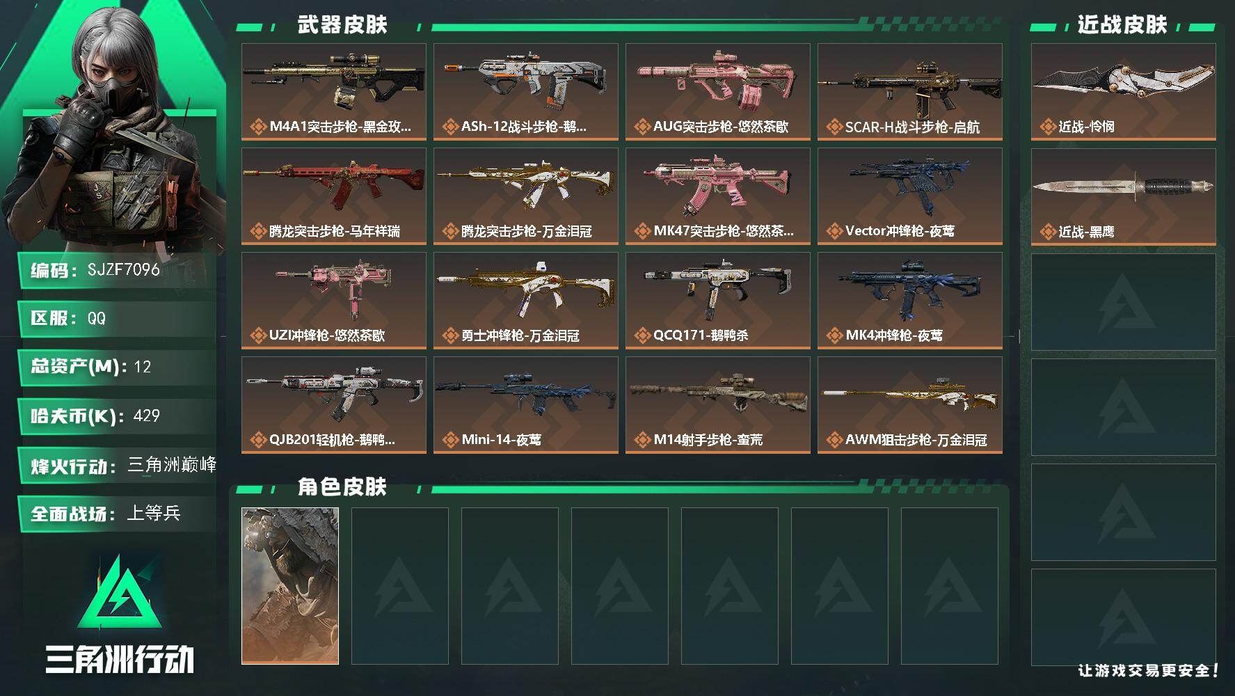 三角洲行动账号QQ【SJZF7096】总资产(M)：12M/哈夫币(K)：429K/哈夫币(K)：429K/传说枪皮数