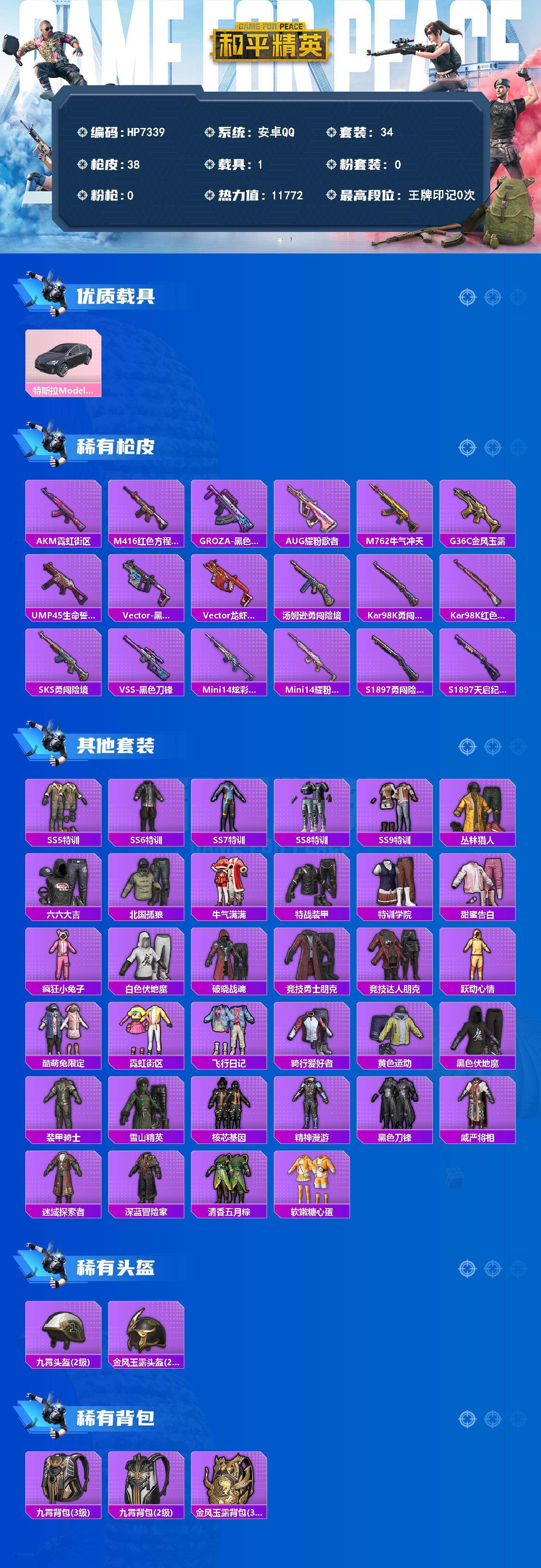 和平精英账号安卓QQ1载具-34套装-38枪皮-（1载具）特斯拉Model X冷光银/没战神框/HP7339-0粉色飞行器-11772热力值-2王牌印记-34套装-38枪皮
【粉色载具】：特斯拉Model X（冷光银）
