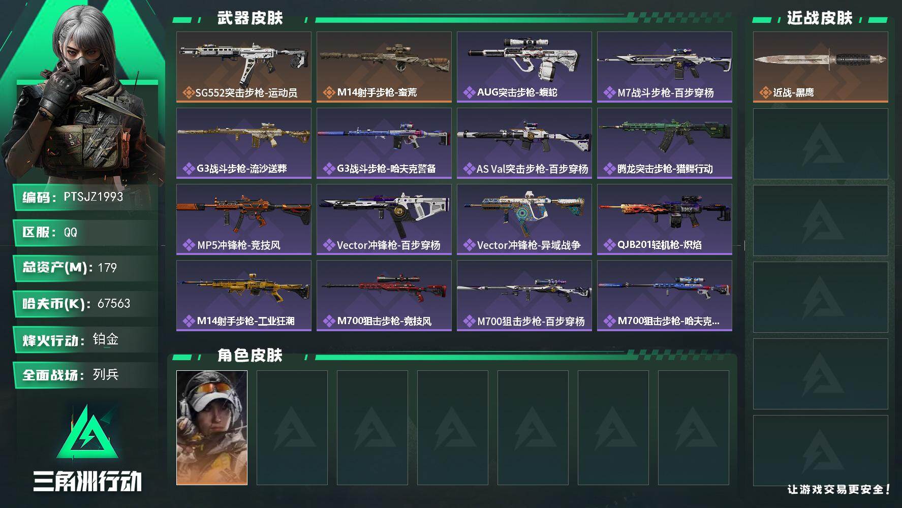 三角洲行动账号QQ【PTSJZ1993】总资产(M)：179M/哈夫币(K)：67563K/哈夫币(K)：67563K