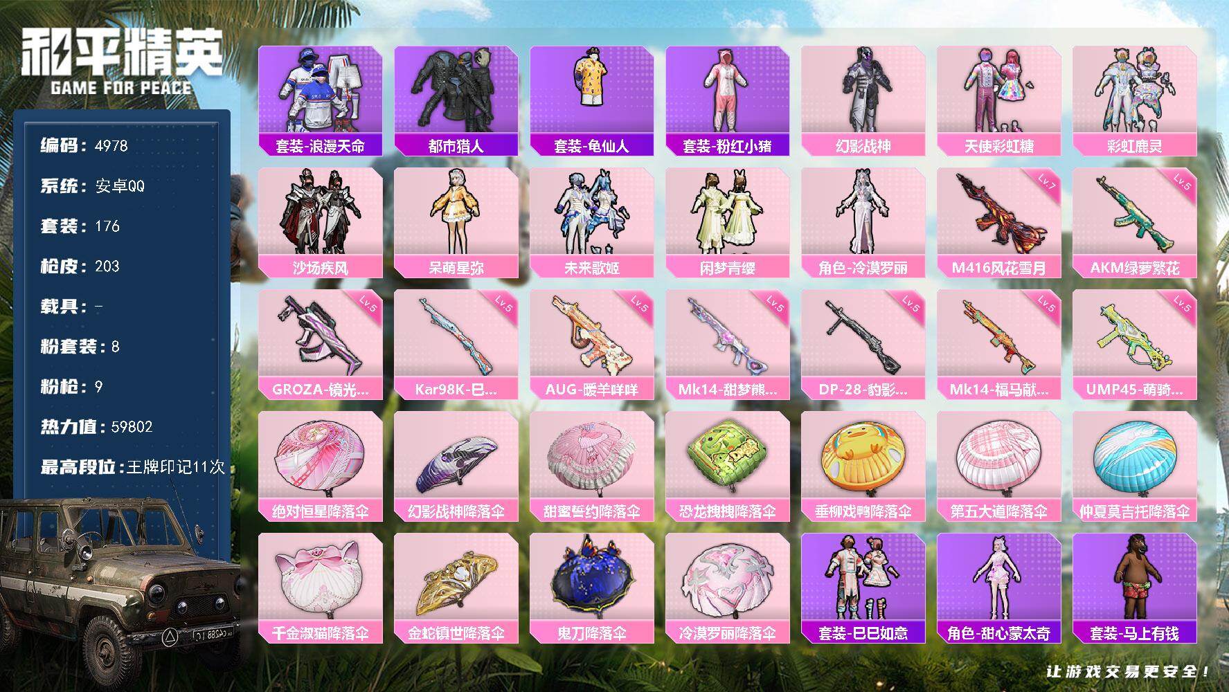 和平精英账号安卓QQ176套装/枪械9/装备208/战备128/王牌印记11/热力值59802/五级AKM-绿萝繁花/七