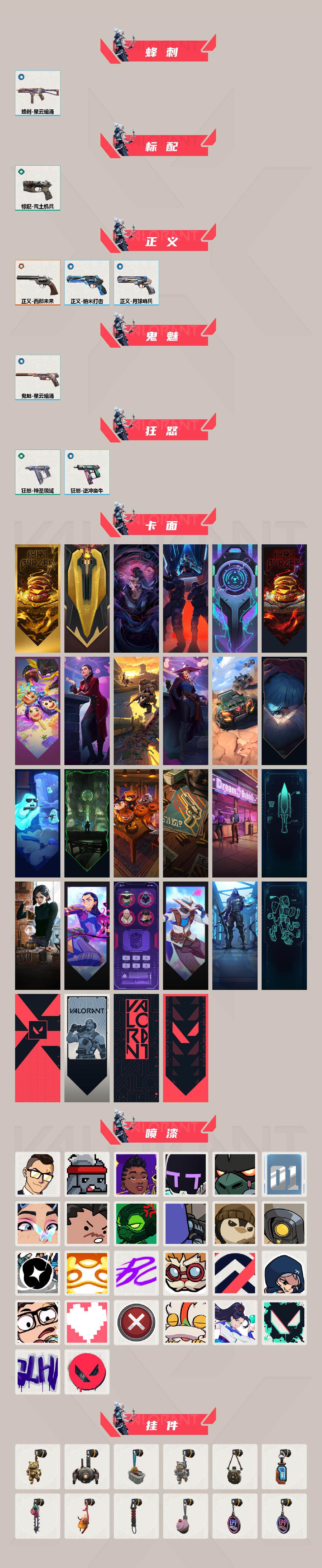 【英雄】：幻棱，炼狱，维斯，暮蝶，钛狐，壹决，铁臂，捷风，雷兹，幽影，不死鸟，贤者，猎枭，蝰蛇，零，芮娜，奇乐，尚勃勒，霓虹，斯凯，夜露，星礈，K/O，海神，盖可，黑梦，钢锁
【近战武器】：近战武器